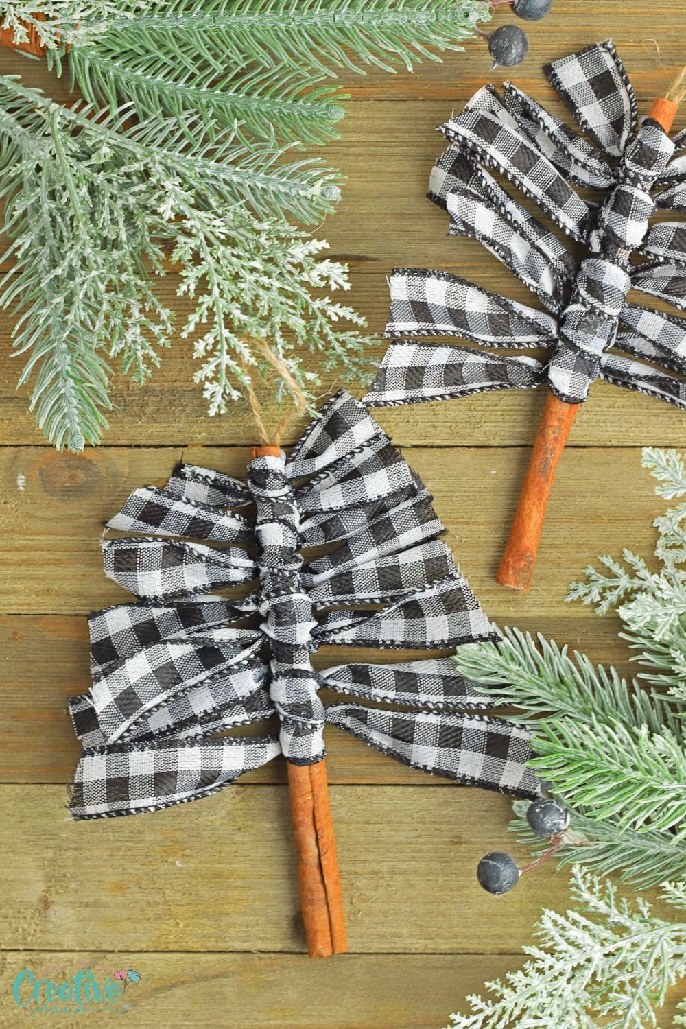 Image of Cinnamon stick Christmas tree ornaments with ribbon