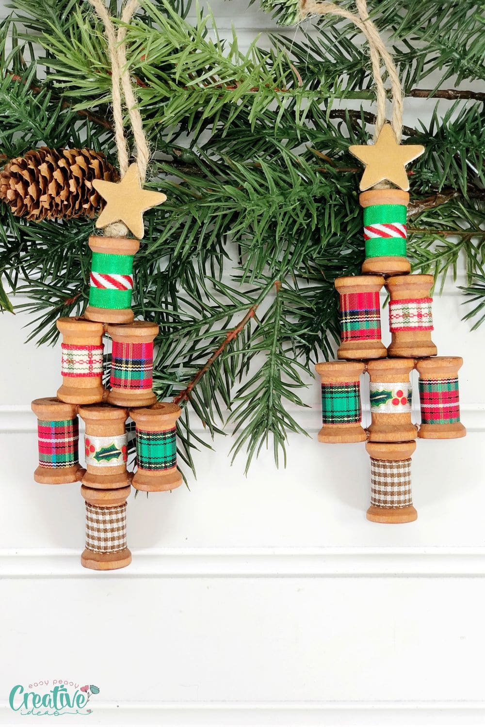 Thread spool Christmas ornaments in a Christmas tree